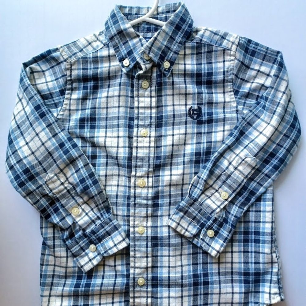 Chaps Boy's Button-Down Dress Shirt, Blue Plaid, EUC, Size 4T
